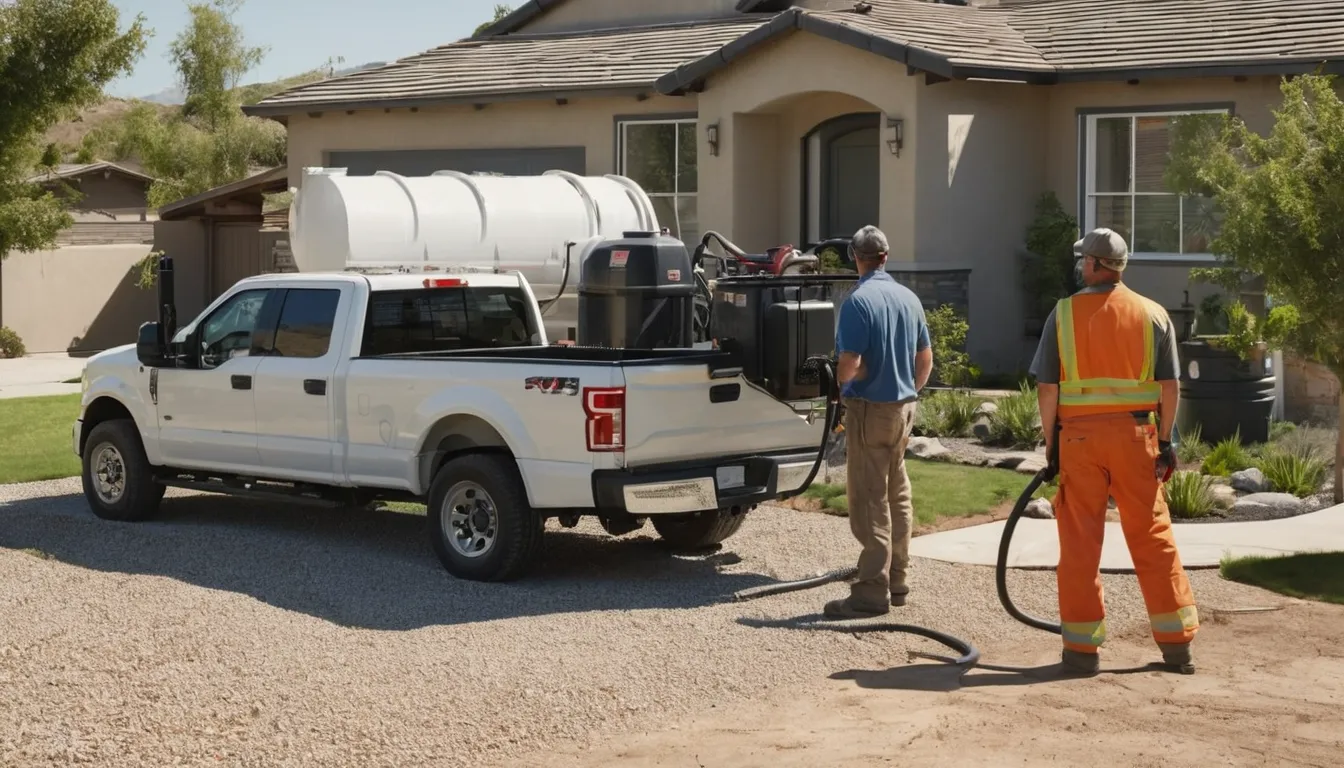 Septic service provider pumping a residential tank at a stucco ranch home in the San Clemente area
